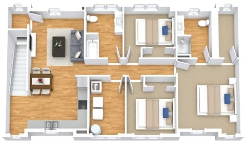 Floor plan for 3 beds, 1 bath, 1264 sqft
